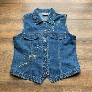 Vintage Bill Blass Jeans Floral Embroidered Denim Button Down Vest Sz L